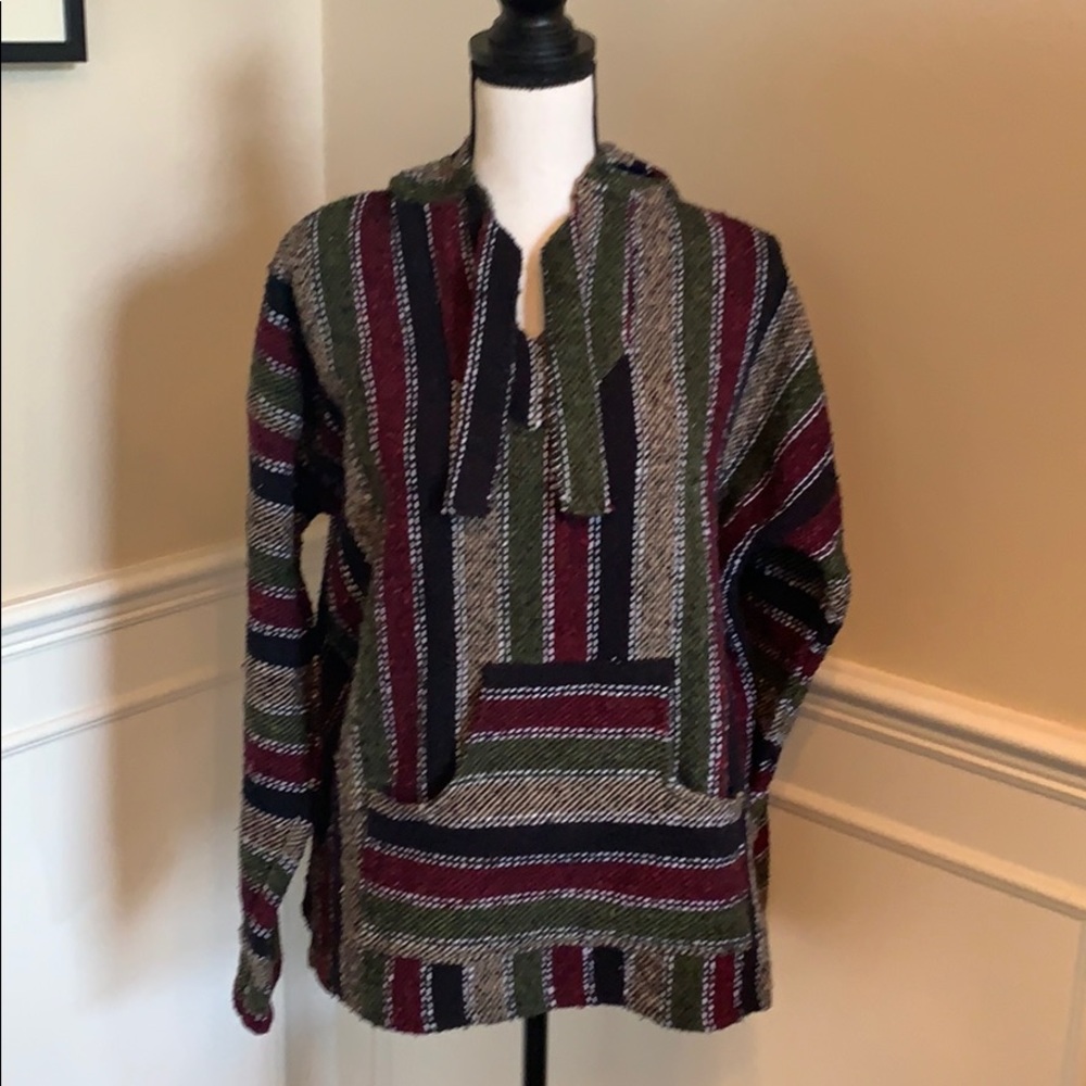 Large.  poncho. Navy,maroon, cream & green.